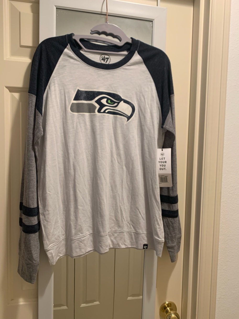 47 Brand Seattle Seahawks White Navy Gray Raglan Long Sleeve Jersey